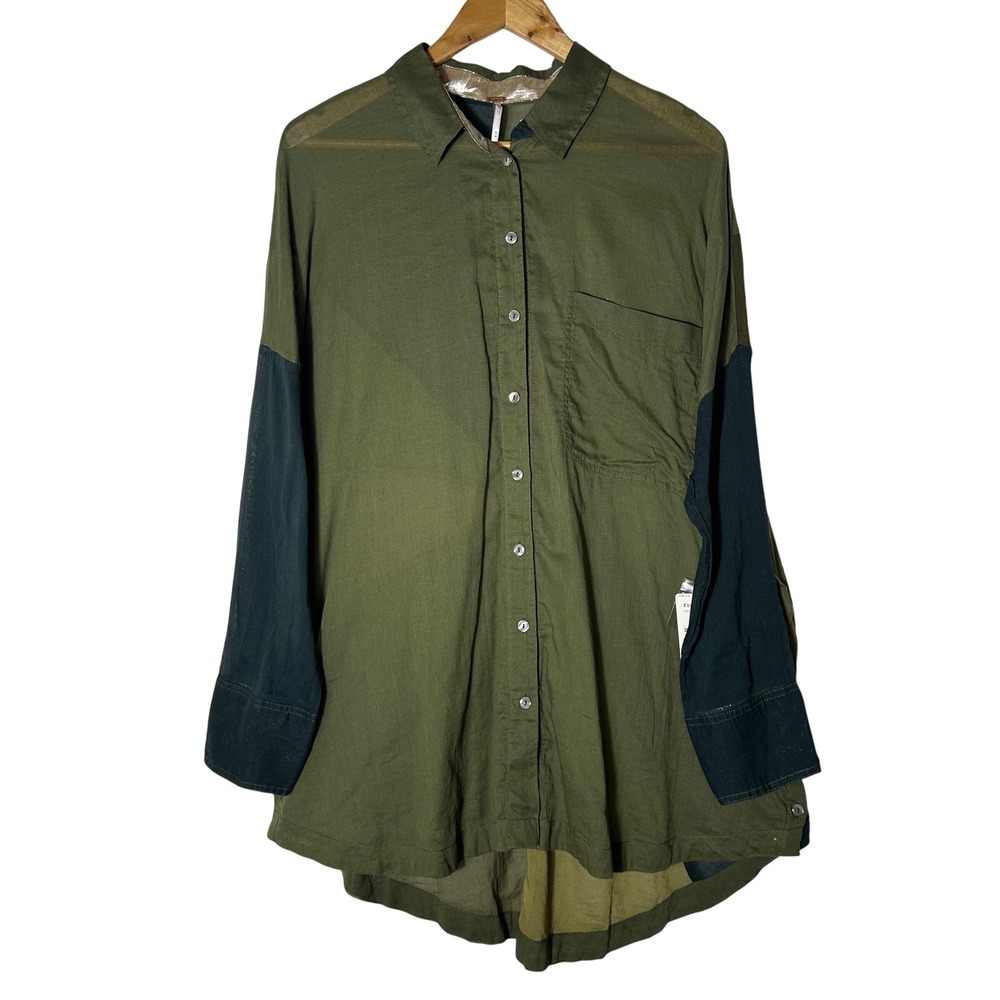 Free People NWT Shirt M Army Green Patchwork Oversized Cotton Button Down